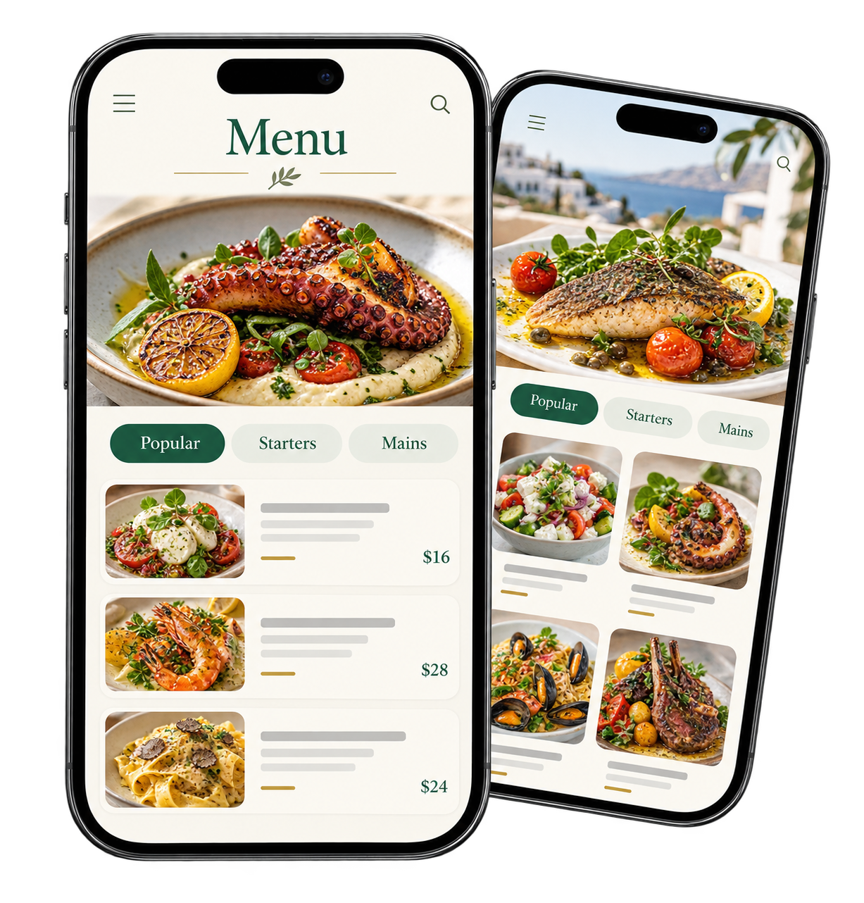 Two phones showing light FIXTET Menu layouts — list and grid views