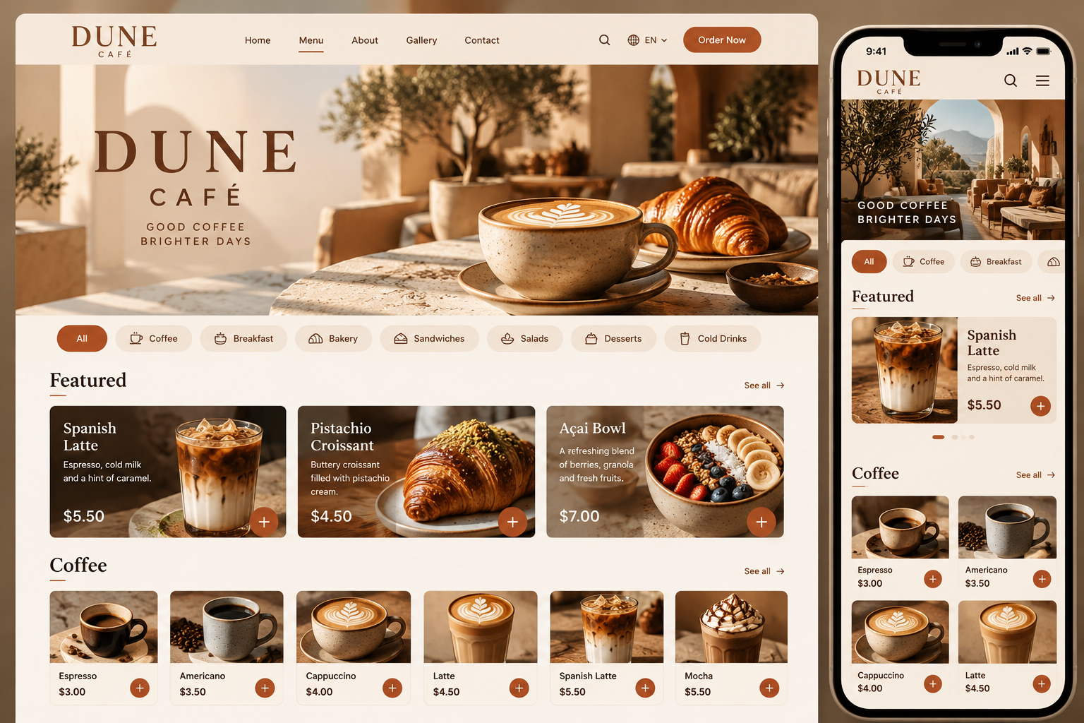 Desert Clay template cover — warm café patio and specialty coffee