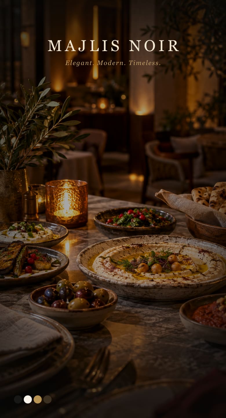 Majlis Noir template cover — dark dining atmosphere with candlelight